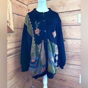 Vintage Jaguar Patchwork Velvet Beaded Embroidery Cardigan Knit Sweater Oversize